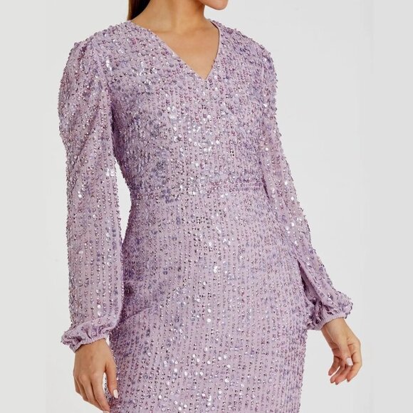 NWT Mac Duggal Purple Sequined Illusion Puff Sleeve V Neck Midi Lavender 10 - Picture 2 of 8